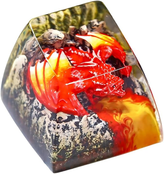 Red Dragon with Volcano Fantasy Artisan Keycap R1 SA Profile Custom Cool Dragon Keycaps 1U ESC Handmade Gaming Resin Key Cap Cherry MX Switch Compatible Mechanical Keyboard Dragon Lover Gift