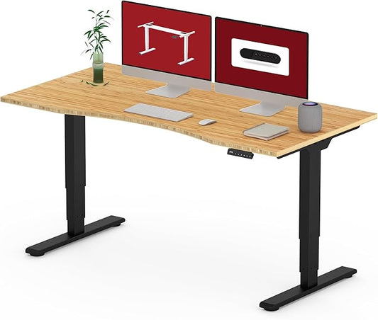 SANODESK 55 Inch 3 Stage Bamboo Electric Standing Desk, Dual Motor Height Adjustable, Stable and Durable Sit to Stand Home Office Desk (Black Frame/ 55' x 28' Curved Natural Bamboo Top)
