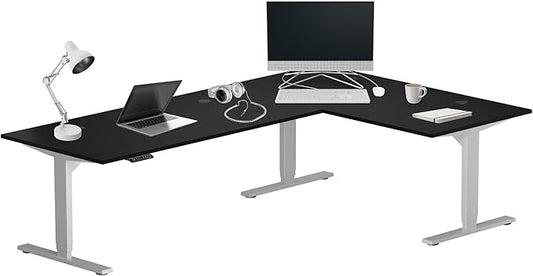 Progressive Desk Stand Up Height Adjustable Standing Desk - L Shaped 83" x 55" Corner Computer Rising Workstation Electric Table - Gray Frame, Ebony Oak Top