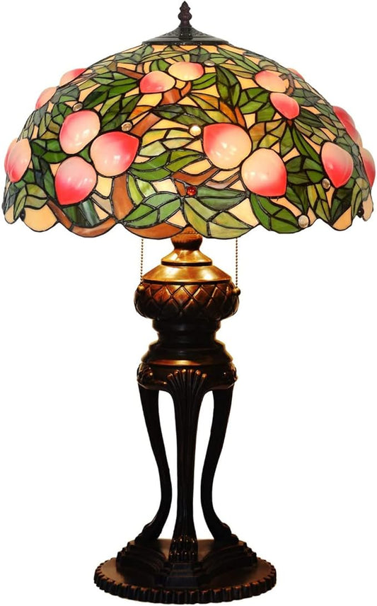 Tiffany Lamp Table Lamp Rose Dragonfly Tulip Wisteria Grape Peach Kapok Peony Apple Flower Design Stained Glass Lampshade Desk Lamp for Girl Living Room Iron Base W20 XH32,Peach