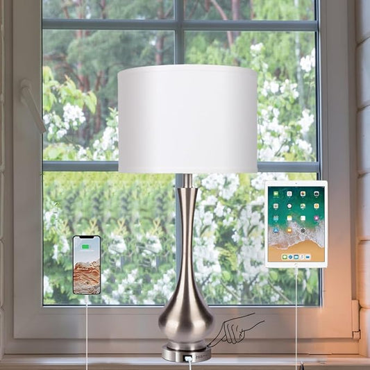 Touch Lamp for Bedroom, Nightstand Lamp with USB Port & White Shade, Tall 30" Beside Lamps with Metal Base Design, 3 Way Dimmable Touch Control Table Lamps for Living Room, Bedroom, Office