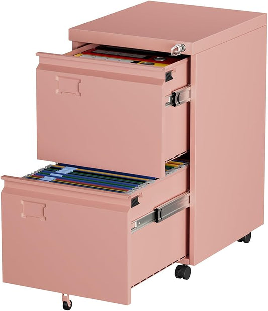 Aobabo 2 Drawer File Cabinet with Wheels, Lockable Metal Filing Cabinet with Business Card Slot for Legal/Letter Size for Home Office, Required Assembled,Pink