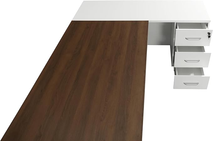 Leon 87" Wood Office Furniture Set of 3pcs | Executive Right Side L Shaped Corner Desk & File Drawers w/Telescopic Rail | Coffee Table | Storage Cabinet w/Chrome Handles | Modern Home Workstation