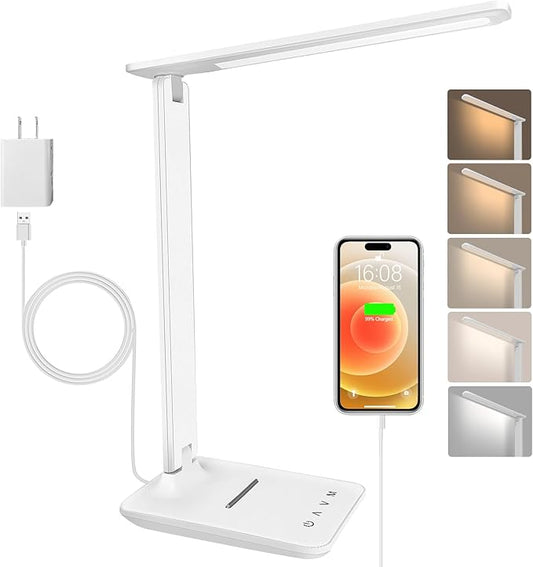 karidi LED Desk Lamp Dimmable Table Lamp with USB Charging Port, 5 Lighting Modes, Sensitive Control, Foldable Portable Desk Light for Home Office Bedroom Reading (White, Standard Size - 13.3 inch)