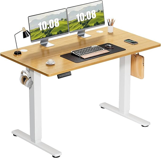 Sweetcrispy Electric Adjustable Height Standing Desk - 48 x 24 inch Sit to Stand Up Desk with Splice Board, Rising Home Office Computer Table with 2 Hook and Wire Hole for Work