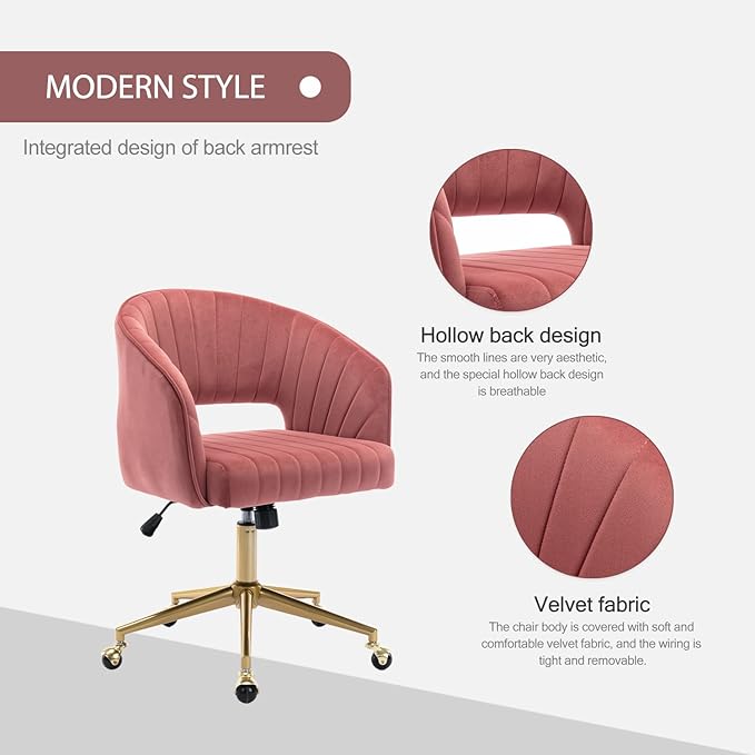 Nrizc Velvet Home Office & Living Room Desk Chairs with Adjustable Swivel Wheels, Ergonomic Upholstered Office Chair for Bedroom, Vanity Study (Rose)