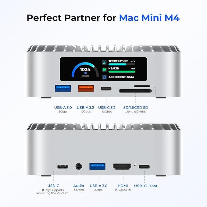 RayCue All-in-One Dock for Mac mini M4 with Smart Displays, NVMe/SATA SSD Enclosure, 4K60Hz HDMI, 10G USB-A/C, 5G USB-A*2, USB-C Charging, SD/TF, Audio – Mac mini M4 HUB &Docking Station(2024)