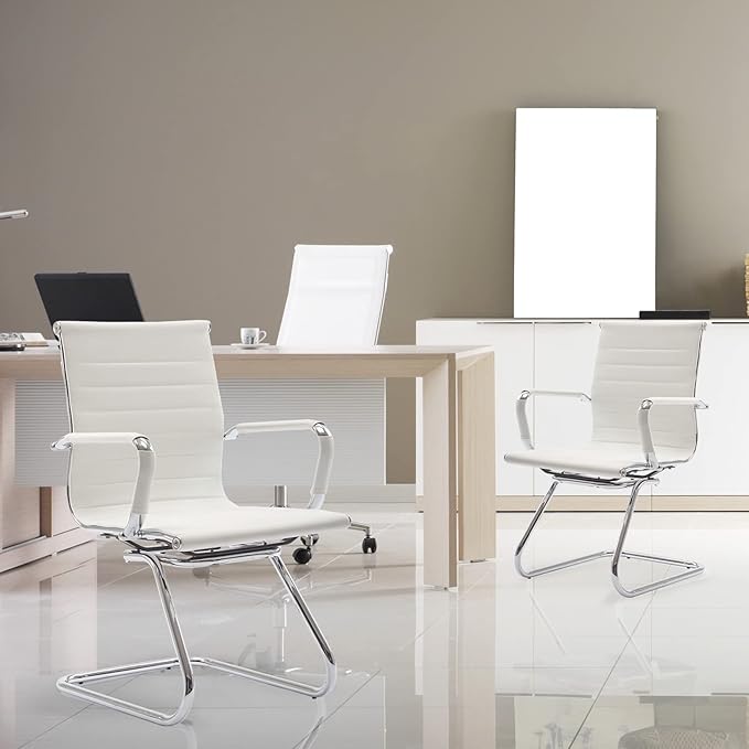 Wahson Office Guest Chairs Set of 8, Leather Reception Chairs, Mid Back Waiting Room Chair, Conference Chairs with Sled Base, Desk Chair No Wheels for Meeting/Lobby/Restroom, White