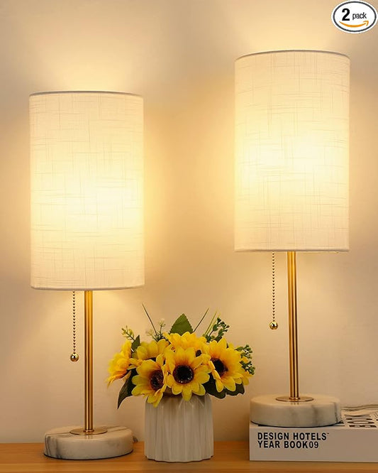 Small Table Lamp, Bedroom Lamps Set of 2, 3 Way Dimmable Bedside Lamps with Marble Base & Linen Shade &Pull Chain Nightstand Lamps 18.5 Inches Desk Lamps for Living Room(Bulbs Included)