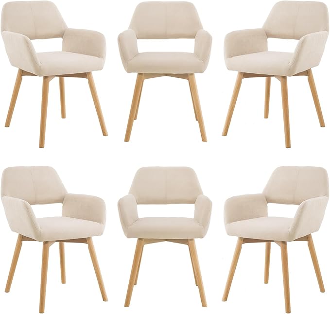 Mid Century Modern Dining Chairs Set of 6 & 4 & 2 Comfy Accent Chair Upholstered Kitchen Dining Living Room Chairs for Bedrooms Waiting Room Home Arm Desk Chair No Wheels (Beige, 6)
