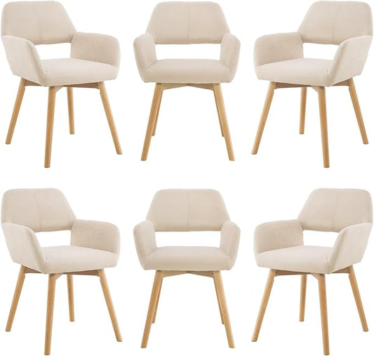 Mid Century Modern Dining Chairs Set of 6 & 4 & 2 Comfy Accent Chair Upholstered Kitchen Dining Living Room Chairs for Bedrooms Waiting Room Home Arm Desk Chair No Wheels (Beige, 6)