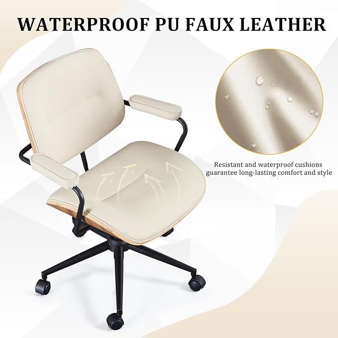 BV Mid Century Modern Office Chair Set of 1, Swivel Rolling Deak Chair with Armrests and Walnut Back, Adjustable Desk Chair for Home Office, Beige