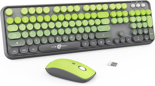 Wireless Keyboard and Mouse Combo | Cute Colorful Keyboard and Mouse with 2.4GHz Cordless Retro Typewriter Keyboard | Auto-Sleep | USB Receiver for Windows PC/Laptop - Grey Green Gradient