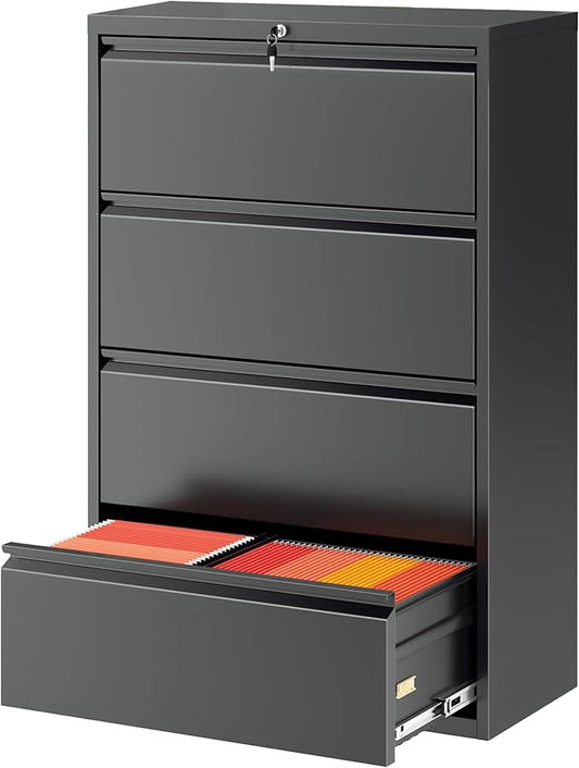 Greenvelly Lateral File Cabinet 4 Drawer, Lockable Metal Filing Cabinet for Home Office, Black Metal File Cabinet with Lock for Legal/Letter/A4/F4 Size with Hanging Bars&Key