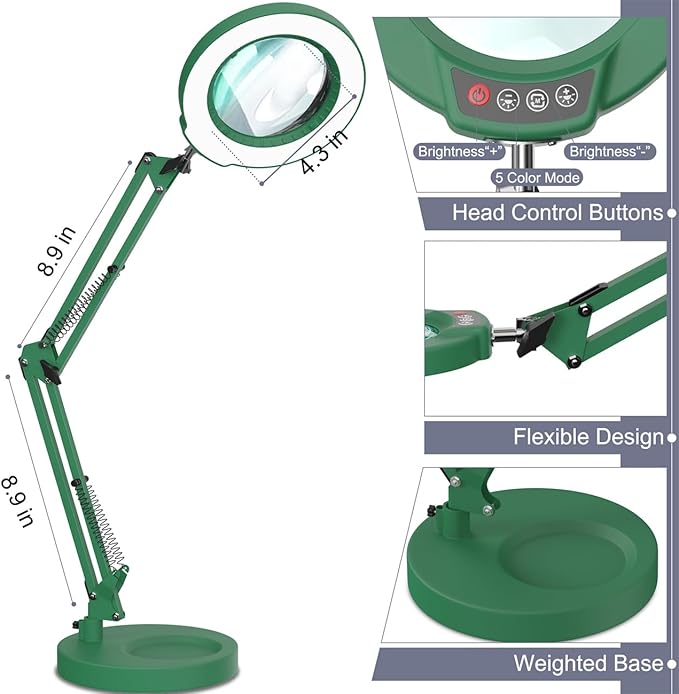 10X Magnifying Glass with Light and Stand, Upgrade Button 5 Color Modes Stepless Dimmable, 2-in-1 LED Lighted Magnifier Light, Hands Free Desk Lamp with Clamp for Craft Hobby Close Work - Green