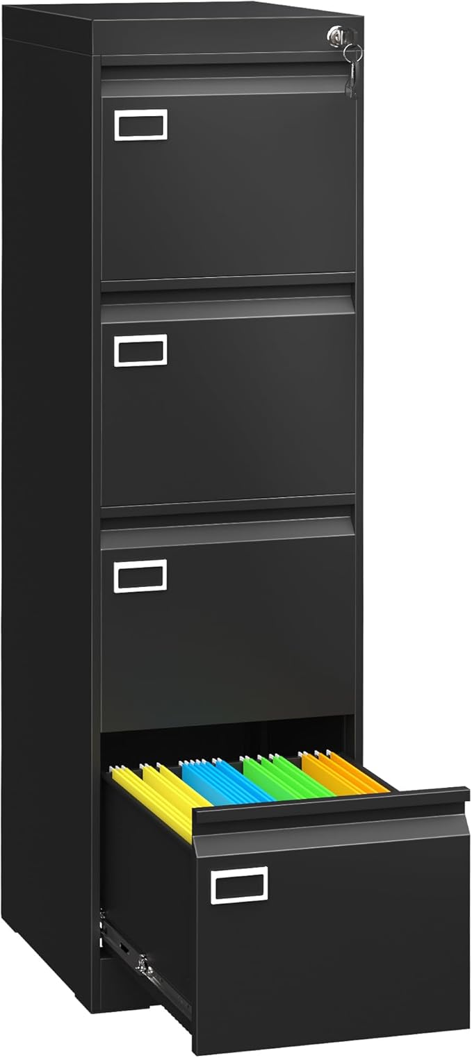 4 Drawer File Cabinet with Lock, Metal Vertical Filing Storage Cabinet, Black Filing Cabinets for Home Office, Narrow File Cabinet Locked for A4/F4/Letter/Legal, Easy Assemble
