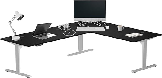 Progressive Desk Stand Up Height Adjustable Standing Desk - L Shaped 85" x 72" Corner Computer Rising Workstation Electric Table - Gray Frame, Ebony Oak Top