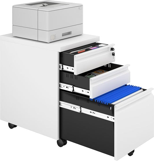 3 Drawer File Cabinet on Wheels,25.6" H White Filing Cabinet with Lock,Under Desk Metal File Cabinet for Home Office Organizer Letters/Legal/A4(Assembly Required)