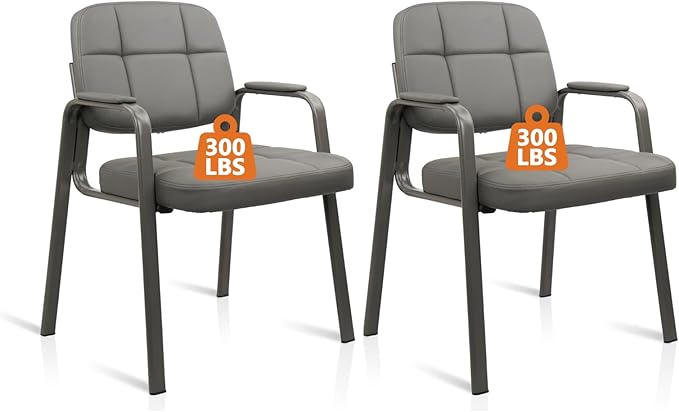 CLATINA Waiting Room Chairs No Wheels Set of 2, Stationary Leather Office Reception Guest Chair with Padded Arms for Elderly Desk Conference Room Lobby Table Side Salon, Grey