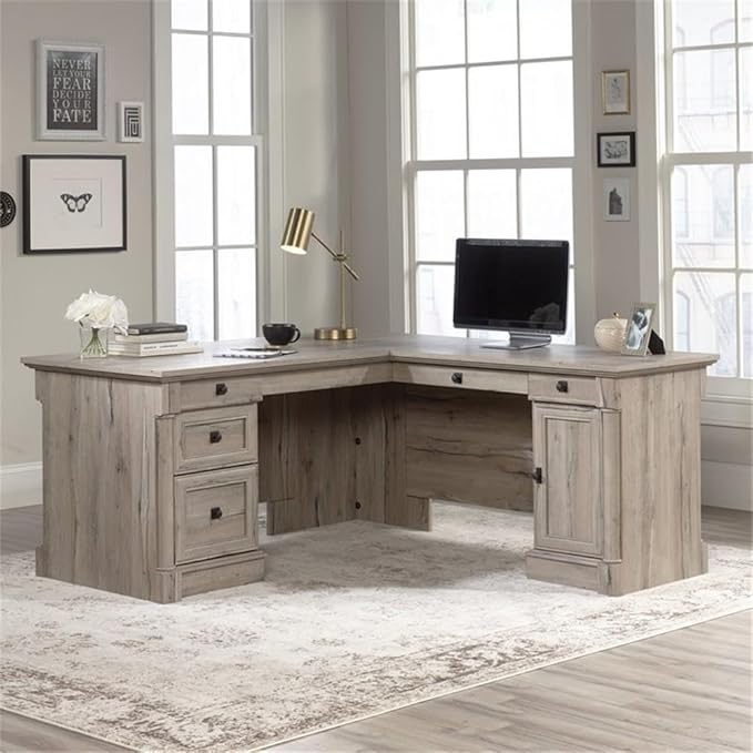 Pemberly Row 65" x 69" Contemporary Engineered Wood L-Shaped Desk with Storage, Drawers, Flip-Down Panel, Grommet Holes, for Home Office/Workspace, in Split Oak Finish