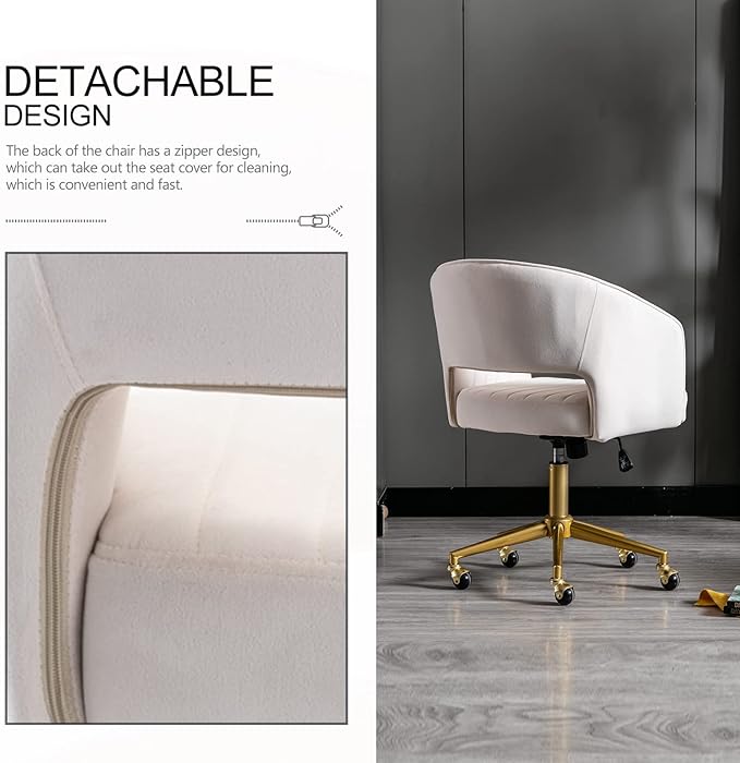 Nrizc Velvet Office Desk Chair, Upholstered Home Office Desk Chairs with Adjustable Swivel Wheels, Ergonomic Office Chair for Living Room, Bedroom, Office, Vanity Study (Beige)