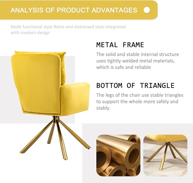 Velvet Office Desk Chair No Wheels, Modern Vanity Chair with Gold Legs, Wide Seat Computer Task Chair for Home Office (Yellow)