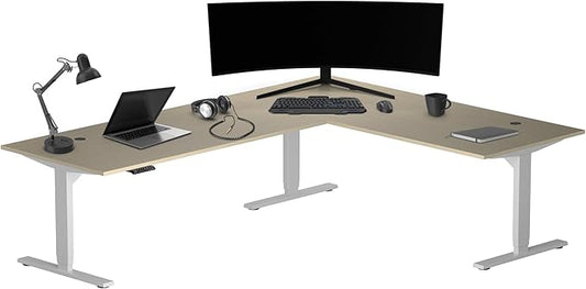 Progressive Desk Stand Up Height Adjustable Standing Desk - L Shaped 85" x 72" Corner Computer Rising Workstation Electric Table - Gray Frame, Bright Beech Top