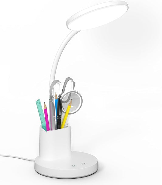 Desk Lamp, LED Desk Lamp for Home Office, Touch Table Lamp with 3 Color Modes 360° Adjustable Arm, Dimmable Desk Light with Pen Phone Holder, White