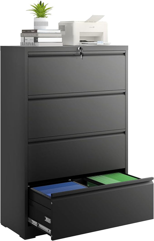 4 Drawer File Cabinet with Lock, Lateral Filing Cabinets,Metal Storage Filing Cabinets for Home Office, Heavy Duty File Cabinet for Letter/Legal/A4/F4 Size Amssebly Required, Black