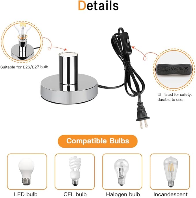 Helunsi Industrial Table Lamp Base, Silver E26 E27 Lamp Base Without Shade, Mini Short Desk Lamp Exposed Bulb Base, Simple Metal Edison Light Bulb Stand, with 5.8ft Cord Switch Plug Bulb Base Holder