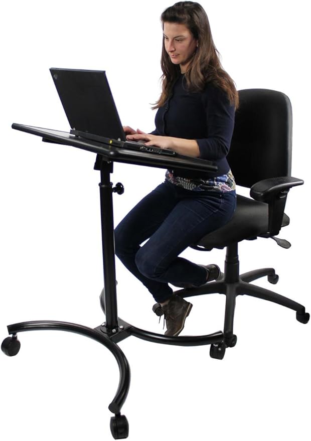 Laptop Stand That is Adjustable with 28 x 18-Inch Tilting Surface, Locking Casters, Contemporary Curved Base, Ergonomic Design