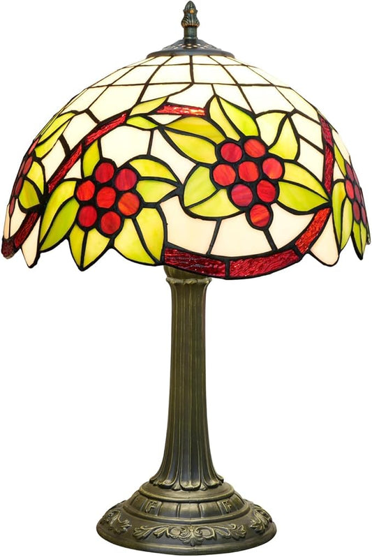 Tiffany Lamp Stained Glass Table Lamp 12 Inch Green Leaves Red Grapes Retro Art Nouveau Bedside Lamp for Living Room Bedroom Study Office Coffee Shop Cafe Home Decor Vintage Tiffany Style Lamp Gift