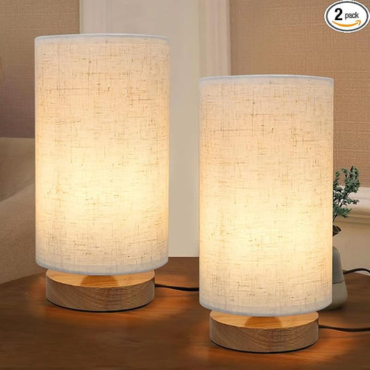 Table Lamps for Bedrooms Set of 2, Minimalist Bedside Lamps Set with Round Fabric Linen Shade,Reading Small Desk Lamp Set of 2 for Kids Room, Night Nightstand Lamp Set for Living Room, Office
