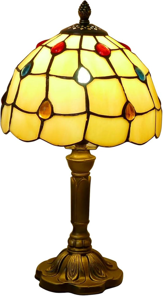 Tiffany Table Lamp - Beige with Colorful Beads, 14" Tall, 8" Wide Reading Lamp with Color Changing LED Bulb