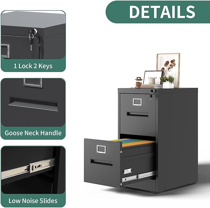 2 Drawer Vertical File Cabinet Home Office Metal Filing Cabinet, D17.7 Locking File Cabinets with Keys, Anti-Tilt Design, Steel Drawer Cabinet for A4/Legal/Letter,Need Assemble (Black)