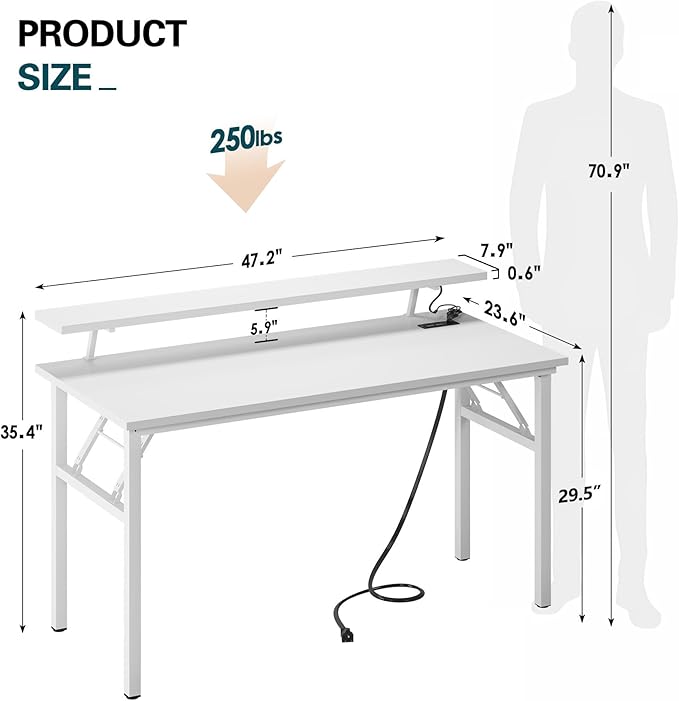 sogesfurniture 47 inch Computer Desk with LED Lights & Power Outlets, Folding Desk with Monitor Shelf, Wide Folding Table Writing Desk Foldable Home Office Desk, White