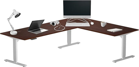Progressive Desk Stand Up Height Adjustable Standing Desk - L Shaped 85" x 72" Corner Computer Rising Workstation Electric Table - Gray Frame, Dark Cherry Top