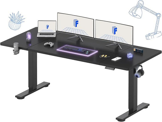 FLEXISPOT 71 x 32 Inch Large Standing Desk, Stand Up Desk with Splice Board, Rising Desks for Home Office, Office Desk with Headphone Hook (Black Frame + Black Top, 2 Packages)