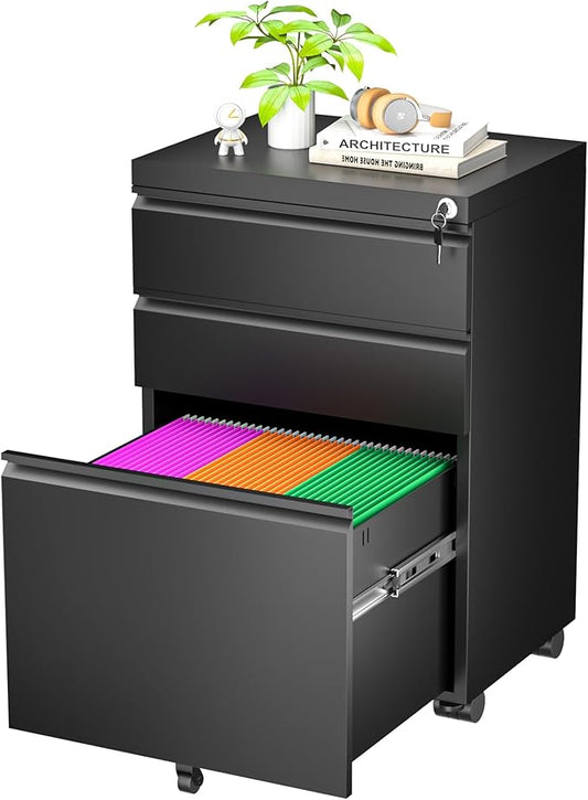 Greenvelly Mobile File Cabinet, 3 Drawer Metal Filing Cabinet on Wheels, Under Desk File Cabinet for Home Office Organizer Letter/Legal/A4 File (Black)