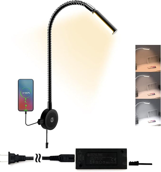 VST Books Lights for Headboard, Bedside Wall Mounted Reading Lamp, Reading Light Touch to Adjust Color Temp (3000K/4000K/6000K) and Brightness, USB/Type-C Charging Ports, 20W Driver, ETL-Listed