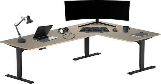 Progressive Desk Stand Up Height Adjustable Standing Desk - L Shaped 83" x 55" Corner Computer Rising Workstation Electric Table - Bright Beech, Black Frame