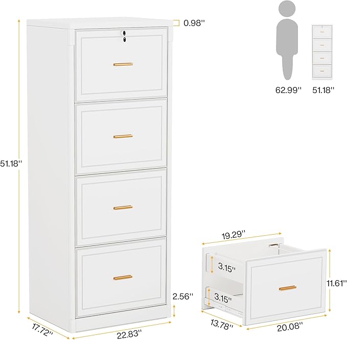 Tribesigns 4 Drawer File Cabinet with Lock, Locked File Cabinet with Key, Tall Wooden Filing Cabinets for Home Office, Vertical Office Storage for Legal Size/Letter/A4/Files, White