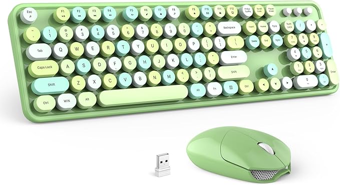 Wireless Keyboard and Mouse Combo - GEEZER Olive Green Full-Sized Colorful Keyboard 104 Keys - USB 2.4 G Receiver Plug and Play with Round Keycap Typewriter Keyboards, for Windows, PC, Laptop, Desktop