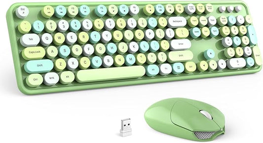 Wireless Keyboard and Mouse Combo - GEEZER Olive Green Full-Sized Colorful Keyboard 104 Keys - USB 2.4 G Receiver Plug and Play with Round Keycap Typewriter Keyboards, for Windows, PC, Laptop, Desktop