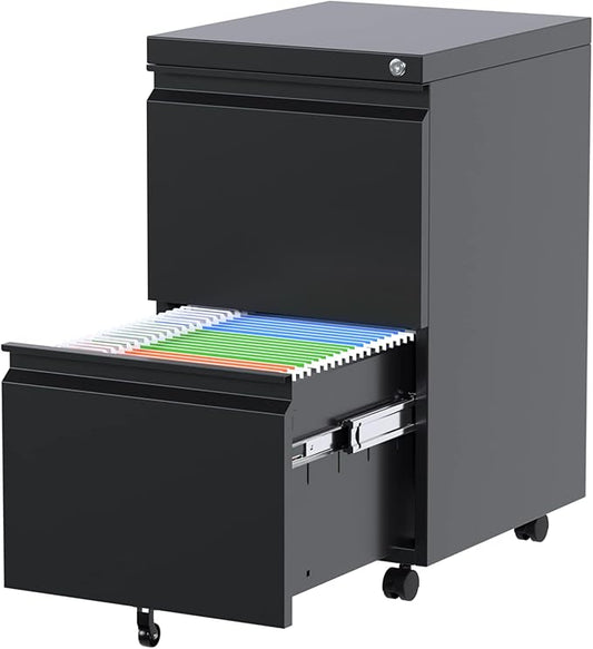 METAN 2 Drawer File Cabinet with Lock, Mobile Under Desk Filing Cabinet for Office Legal/Letter Size, Fully Assembled Except Wheels,Black