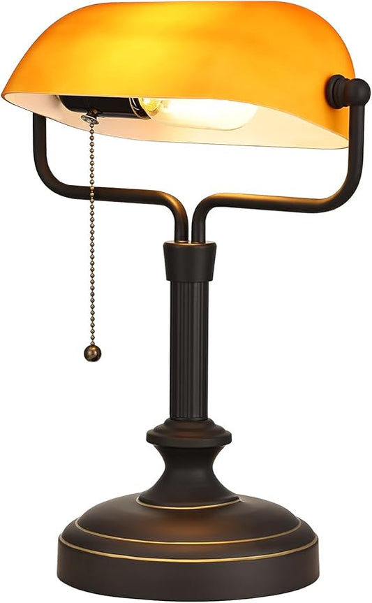 Traditional Banker's Desk Lamp with Glass Shade,Pull Chain Switch, LED Bulb Included (Antique Black+Matt Amber)