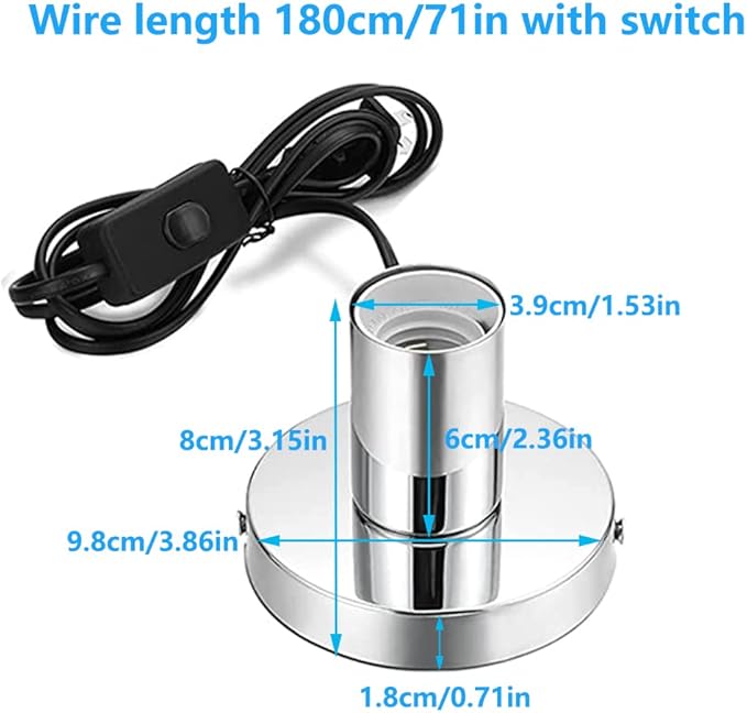 Industrial Table Lamp Base,Small Polished Metal Desktop Light Sockets Base Only,Vintage E26/E27 Edison Screw Light Bulb Holder Base,with 6ft Cord Switch Plug Bulb Base Holder（Silver）