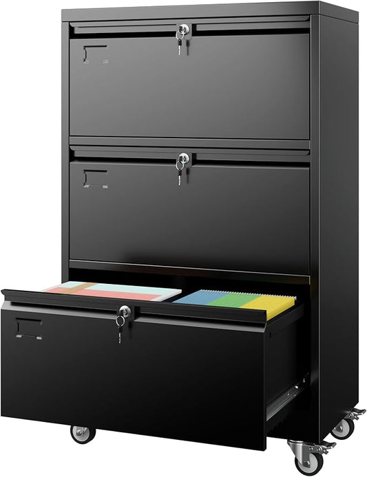 Aobabo 3 Drawer Lateral File Cabinet with Wheels, Lockable Metal Filing Cabinet for Home Office, Legal/Letter Size,Black,Required Assembled,15.87" D x 28.94" W x40.48 H