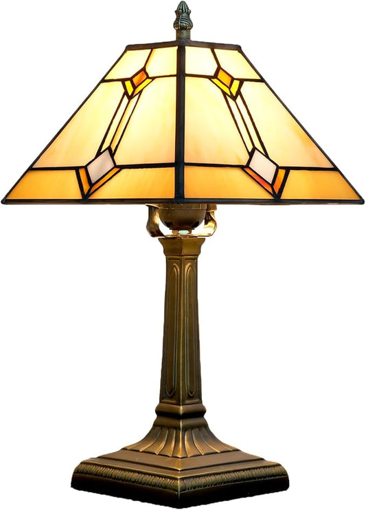 Tiffany Table Lamp Mission Style Stained Glass Table Light Yellow Antique Desk Lamp Vintage Beside Reading Lamp for Home Living Room Bedroom Office