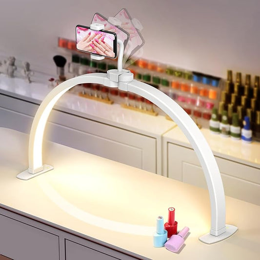 Yokilly Half Moon Light for Nail Desk: 29" Foldable Half Moon Desk Lamp with Phone Holder for Beginner - Arch Nail Tech Light with 3 Color Modes & 10 Brightness for Manicure Salon (White, Large)